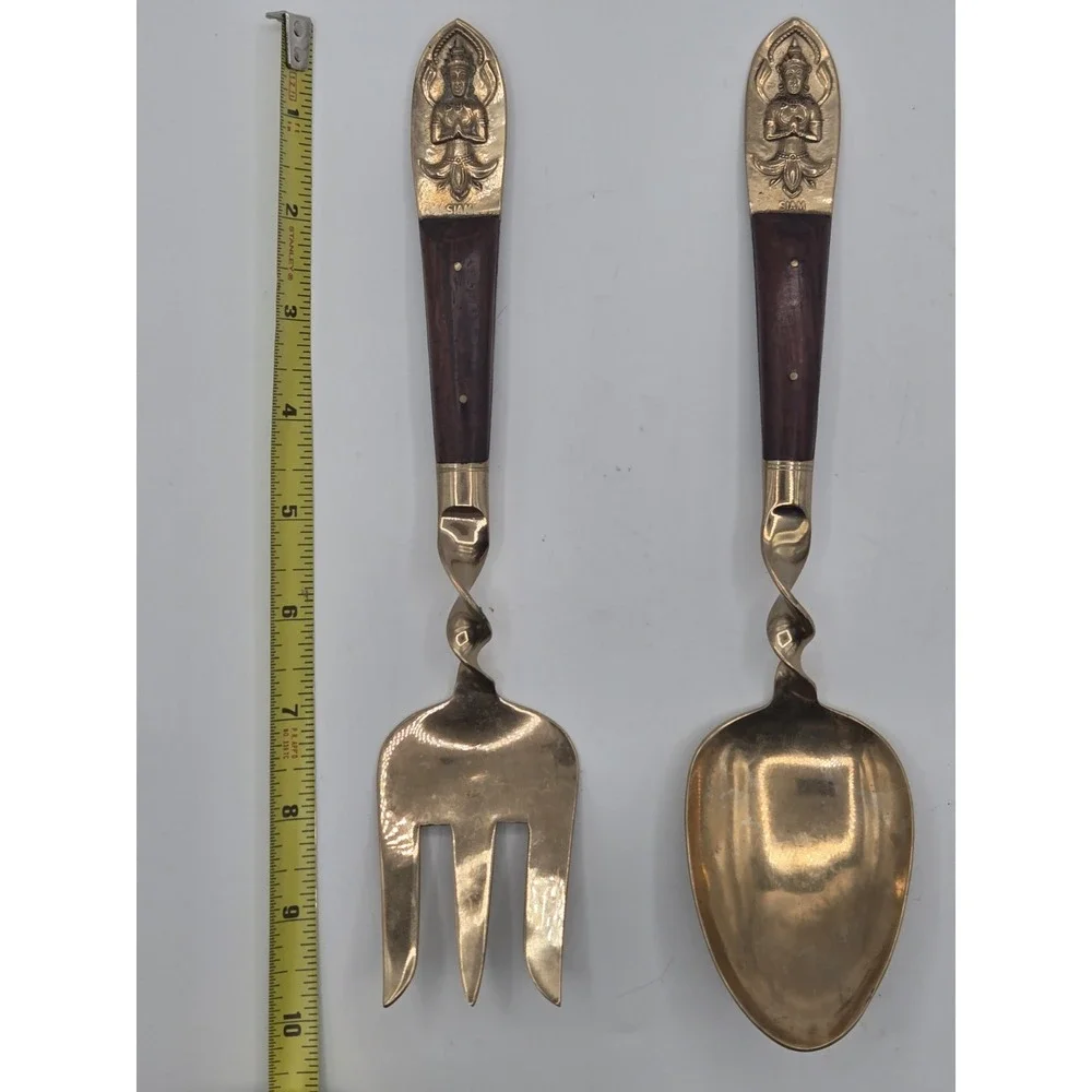 Teak Wood & Brass Spoon Fork Thailand Buddha‎ SIAM Vintage